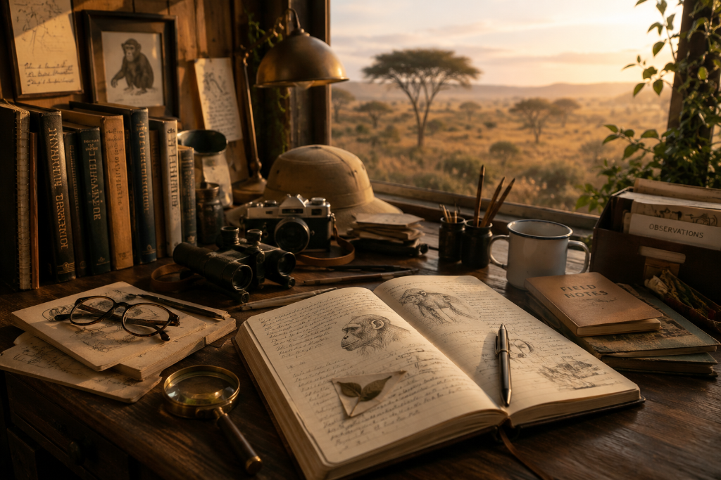 A behavioural researcher's study overlooking the African savannah at golden hour