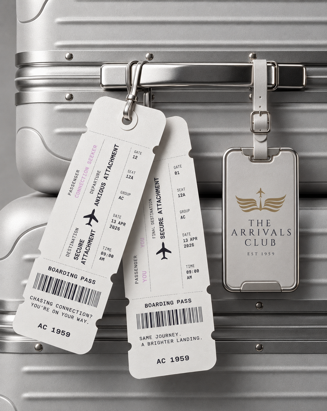 The Arrivals Club luggage tag and boarding passes on a silver case