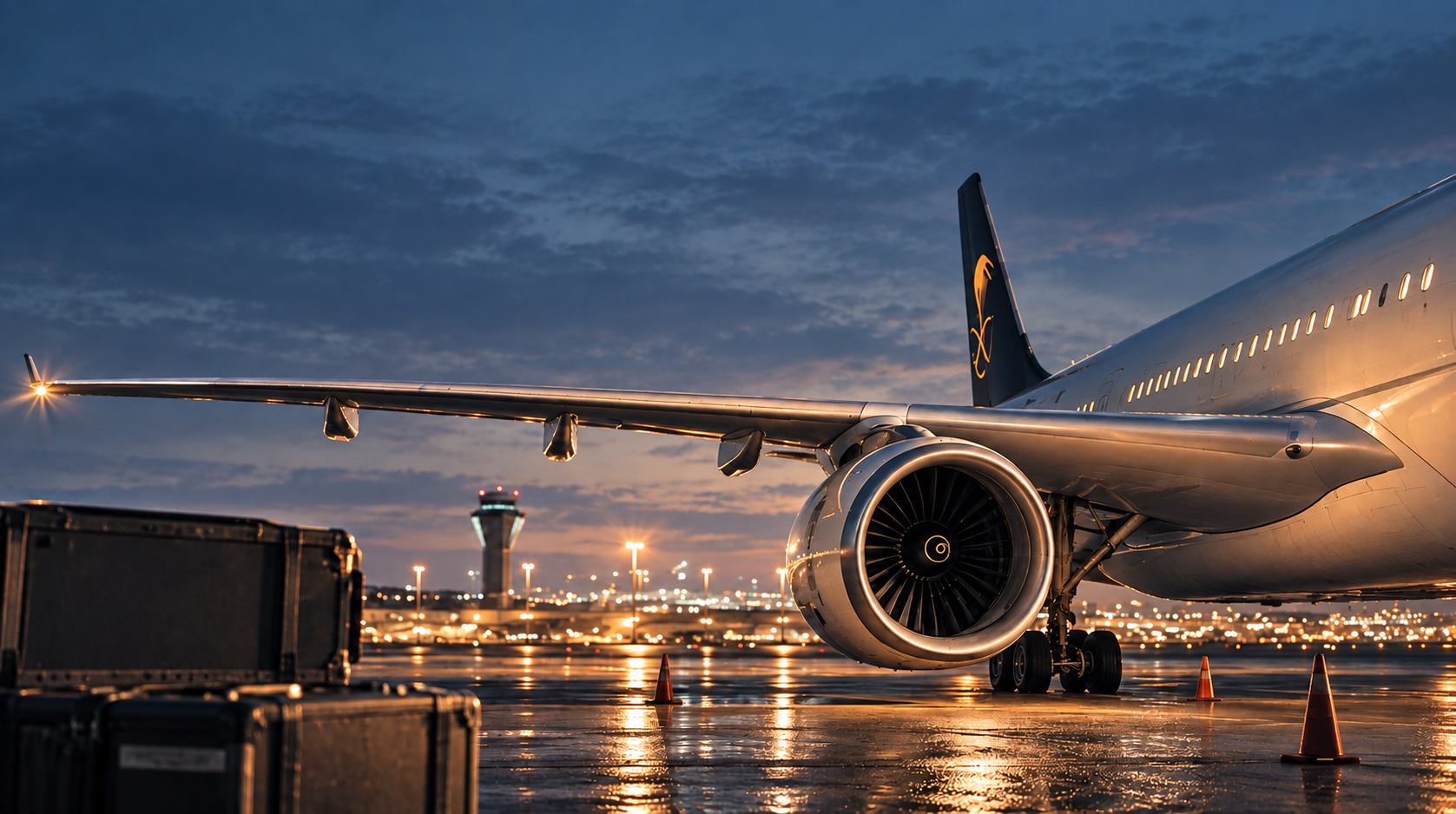 A jet engine glowing on the tarmac at twilight