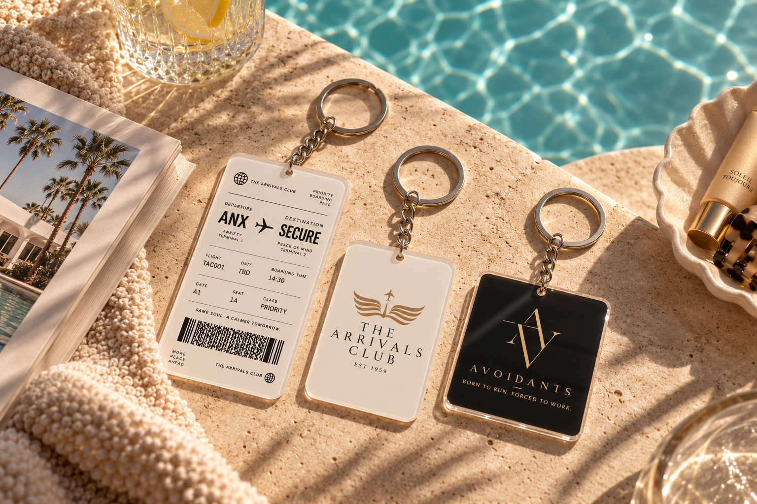 Authentic Living keychains on warm stone beside a swimming pool