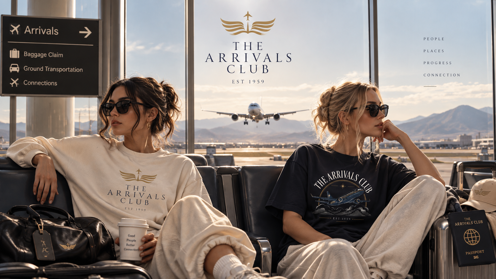 Two members in an airport lounge watching a plane depart at golden hour