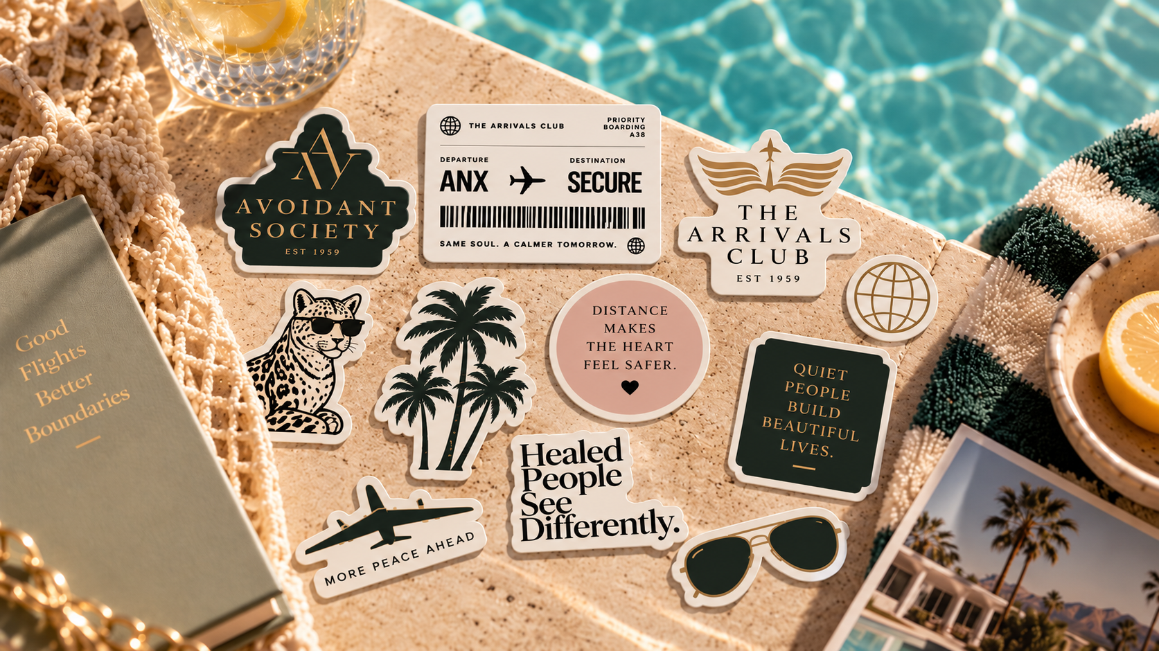 Authentic Living stickers arranged on a poolside stone ledge