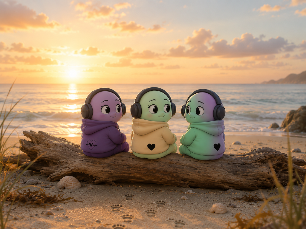 The Attachables sitting together on driftwood at sunset