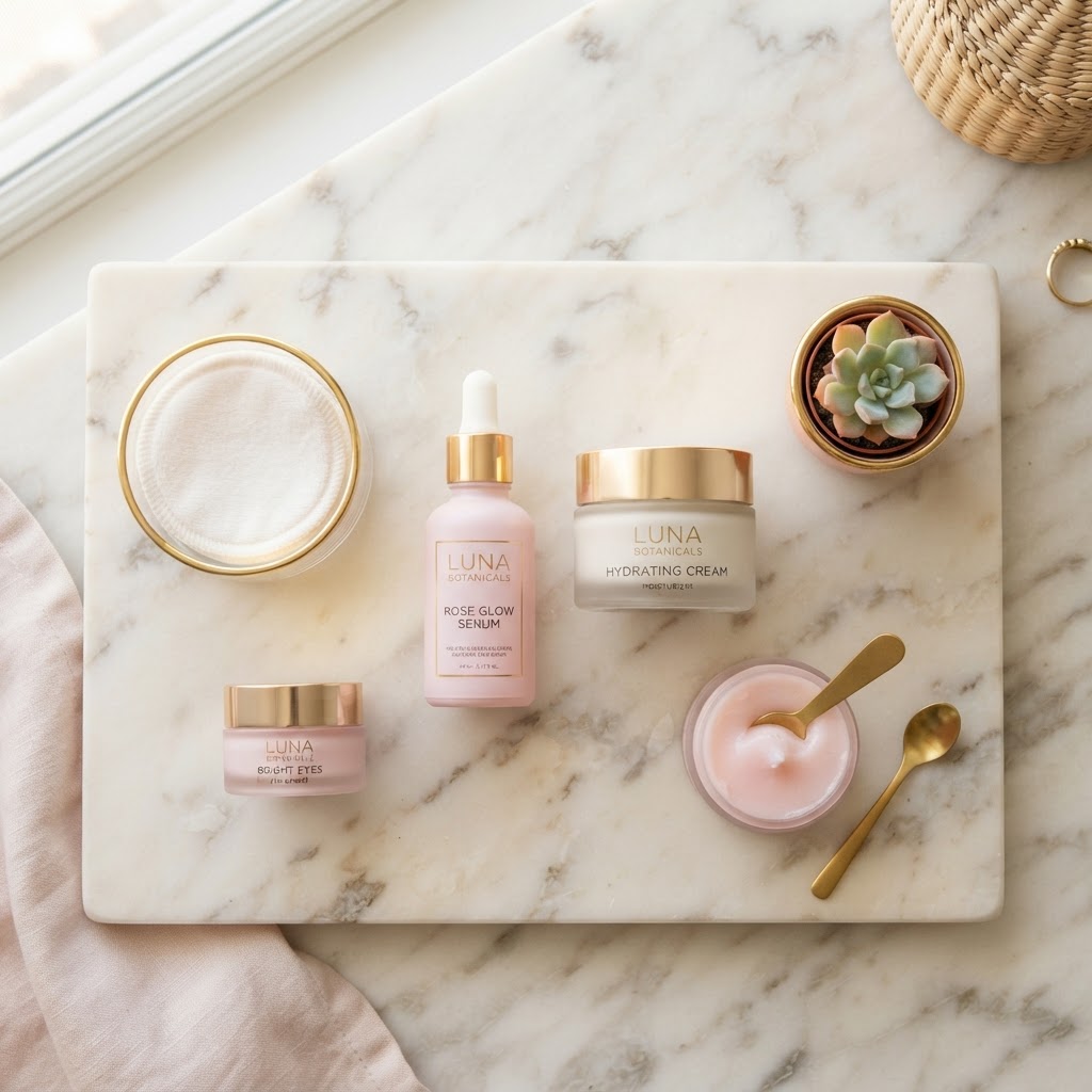 Flatlay of skincare products arranged on a cream marble surface