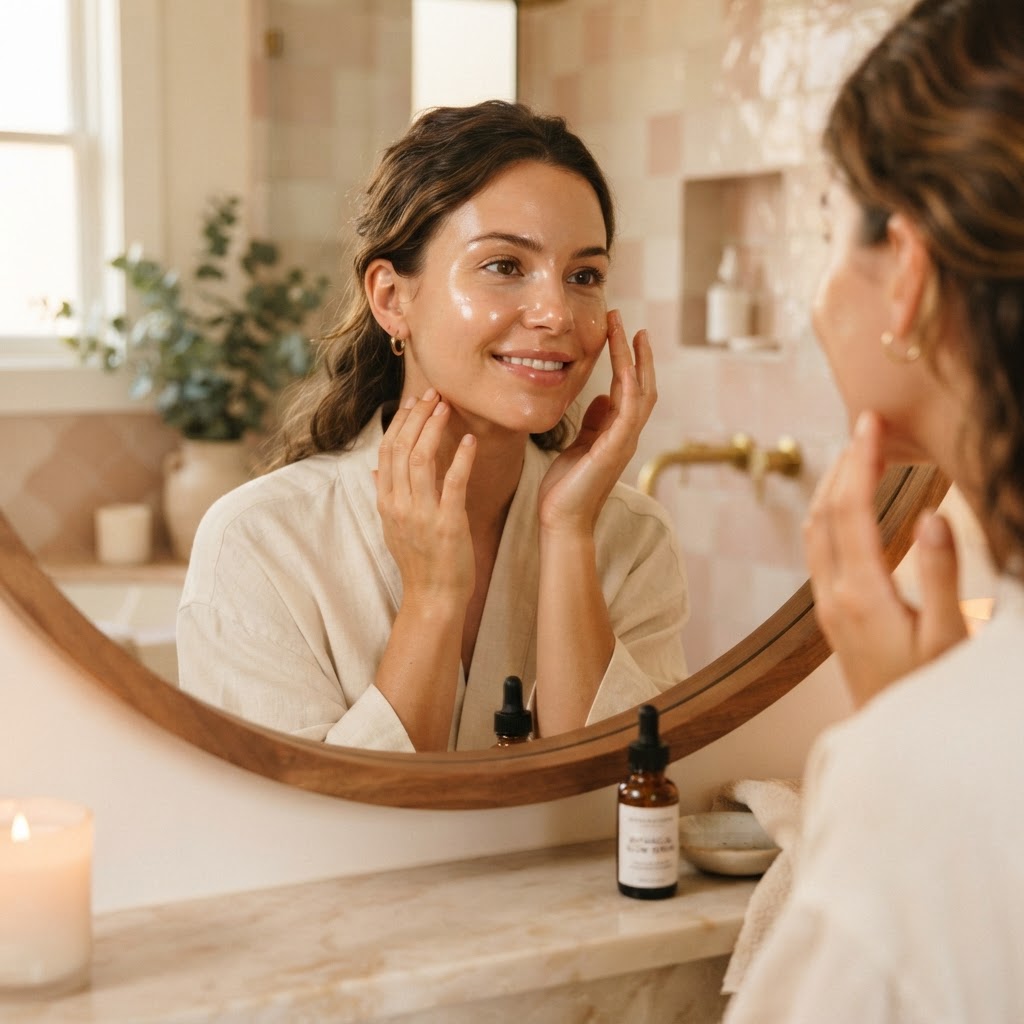 A woman applying facial serum to her cheek in the mirror