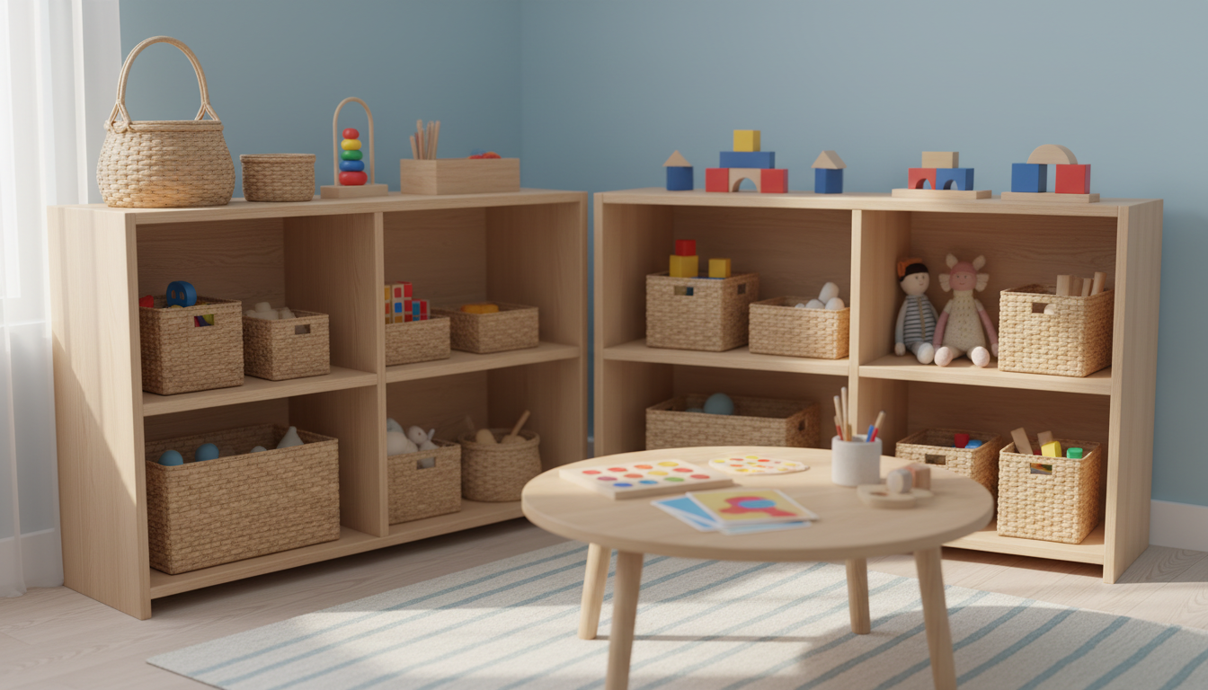 An organized, inviting children's playroom with wooden shelves and colorful bins