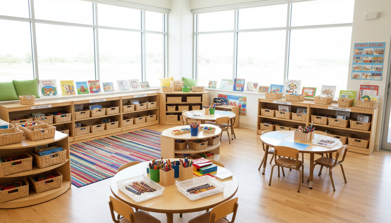 A bright, organized preschool classroom with wooden shelves and learning materials