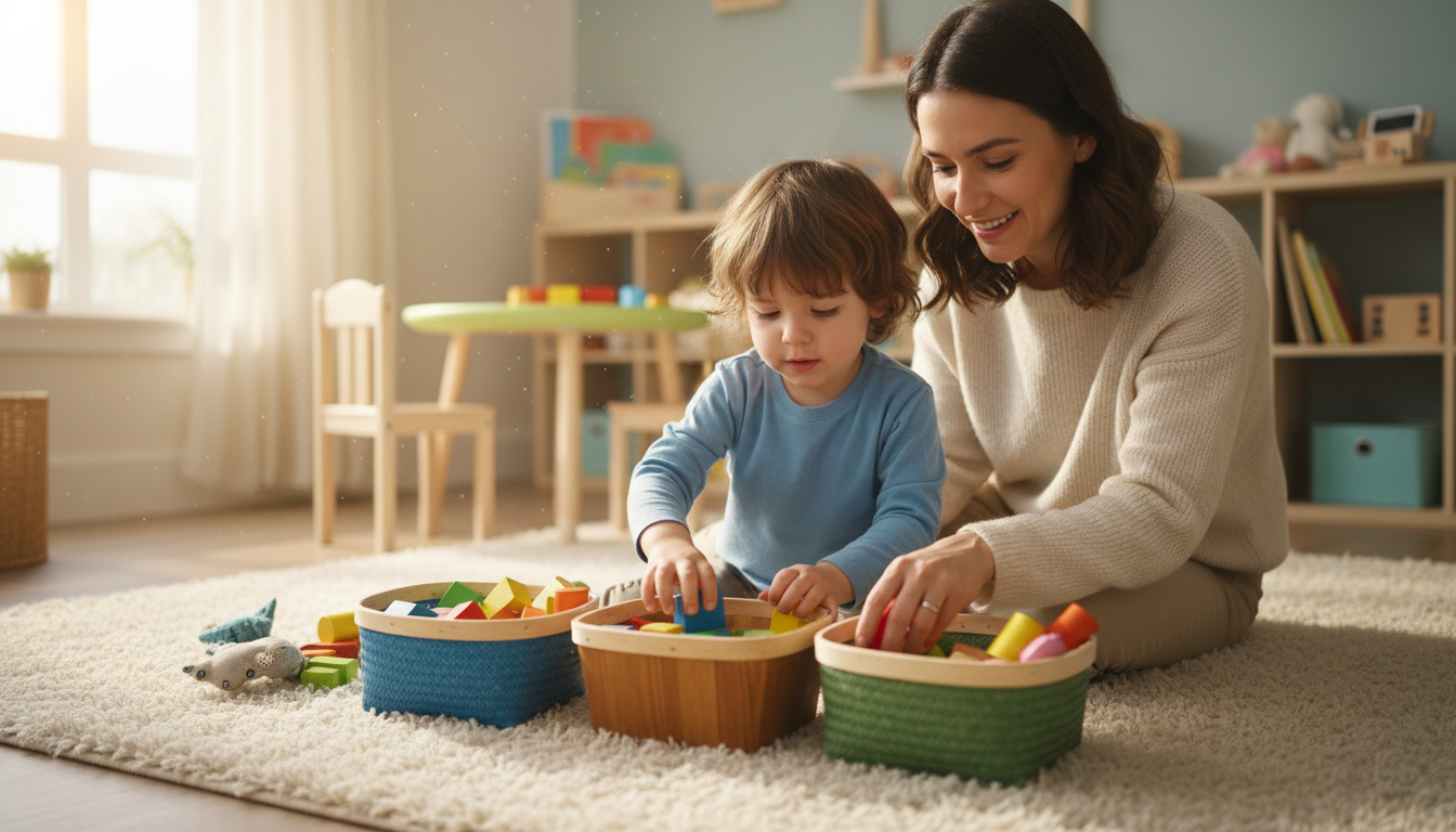 Parent and child sorting toys together on a warm rug