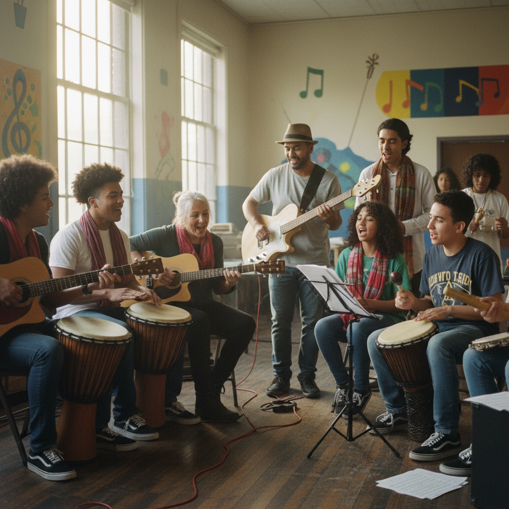 Young people rehearsing gospel and salsa music