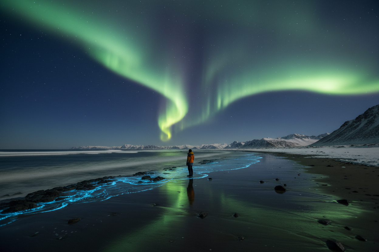 Bioluminescent arctic shore at night with northern lights and a single figure at the water's edge