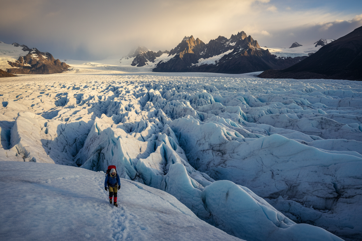 Vast Patagonian glacier landscape with a lone figure walking along a narrow trail at golden hour