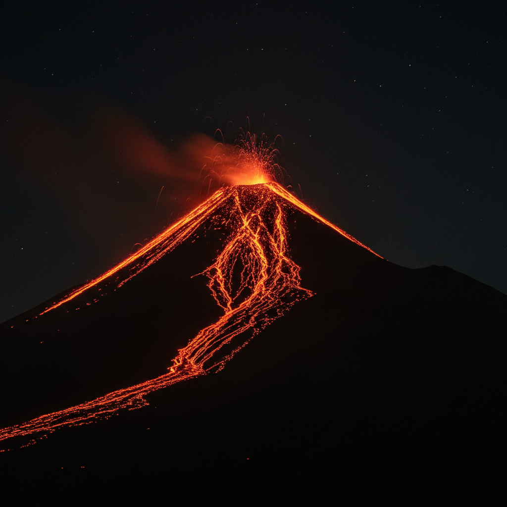 Volcán de Fuego erupting at night with glowing lava flows cascading down the volcanic slopes, Guatemala