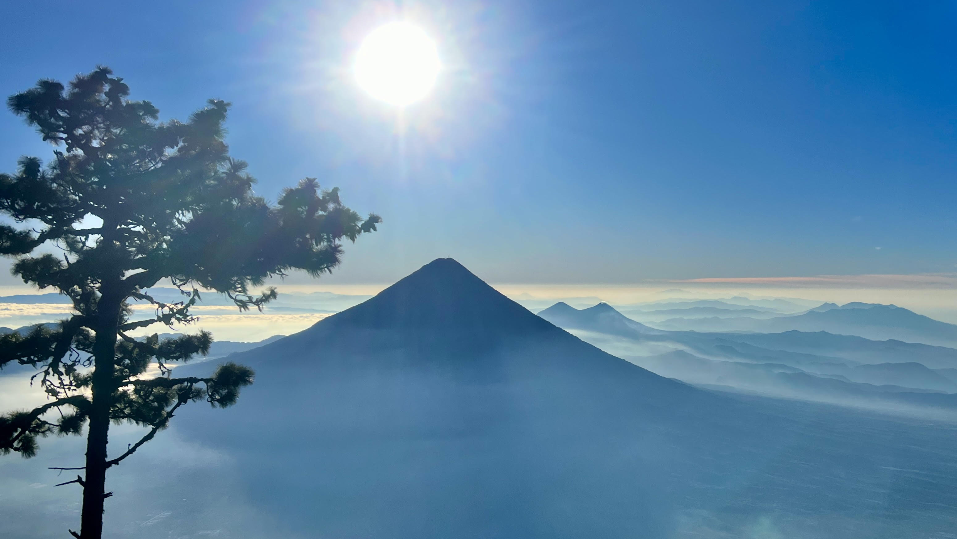 A symmetrical volcanic peak rising above misty mountain layers in the Guatemala highlands, silhouetted pine in foreground