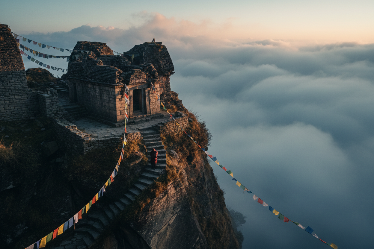 Ancient Himalayan temple ruins perched on a cliff edge with prayer flags and swirling mist