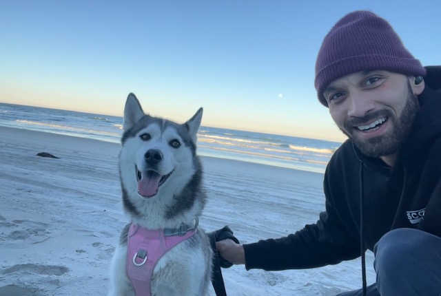 Tor and Rosé on the beach at sunset
