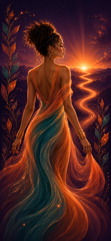 Woman in a flowing gown before a sunset mountain landscape