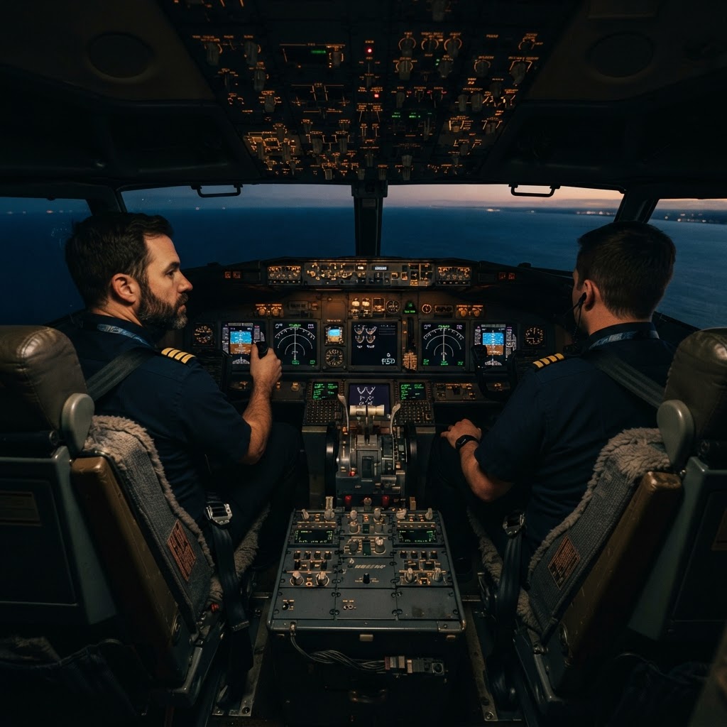 cockpit di un aereo commerciale con strumentazione e sedili dei piloti