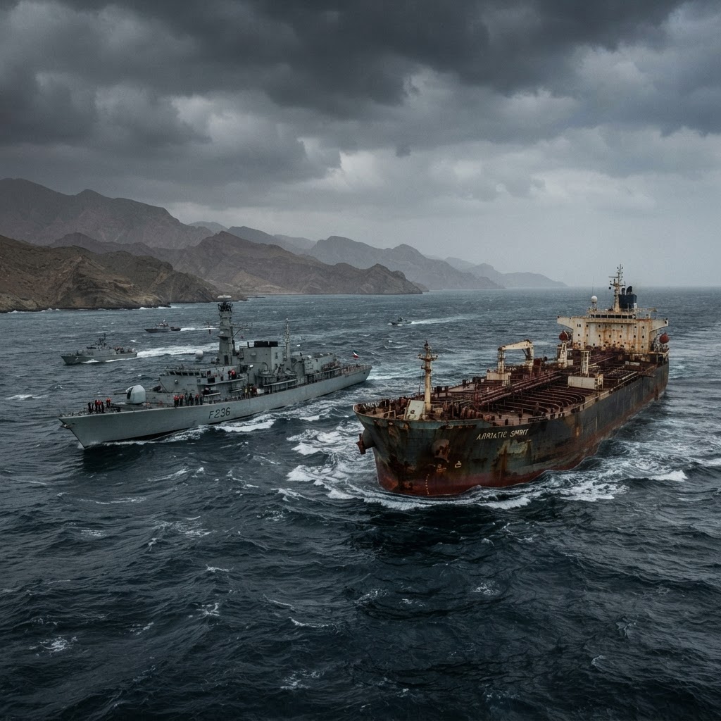 petroliera militare nello Stretto di Hormuz con presenza navale in acque tese
