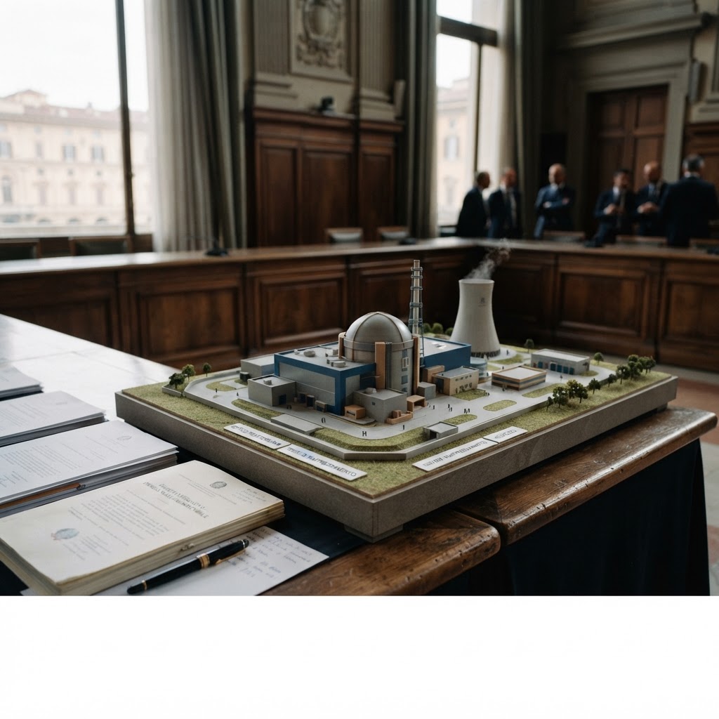 plastico architettonico di un Small Modular Reactor (SMR) o torre di raffreddamento di centrale nucleare in miniatura