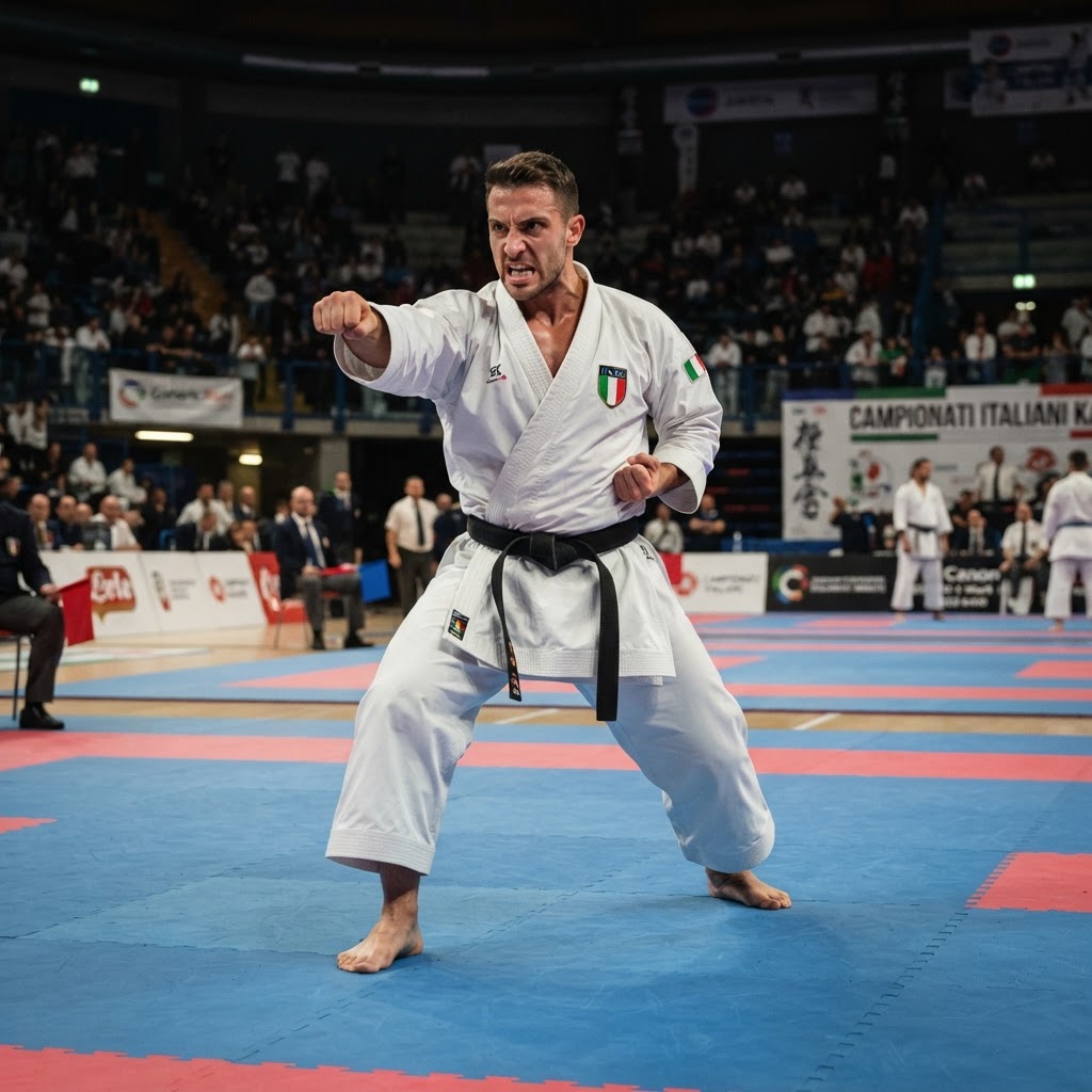 atleta di karate kata in esecuzione di una sequenza di movimenti