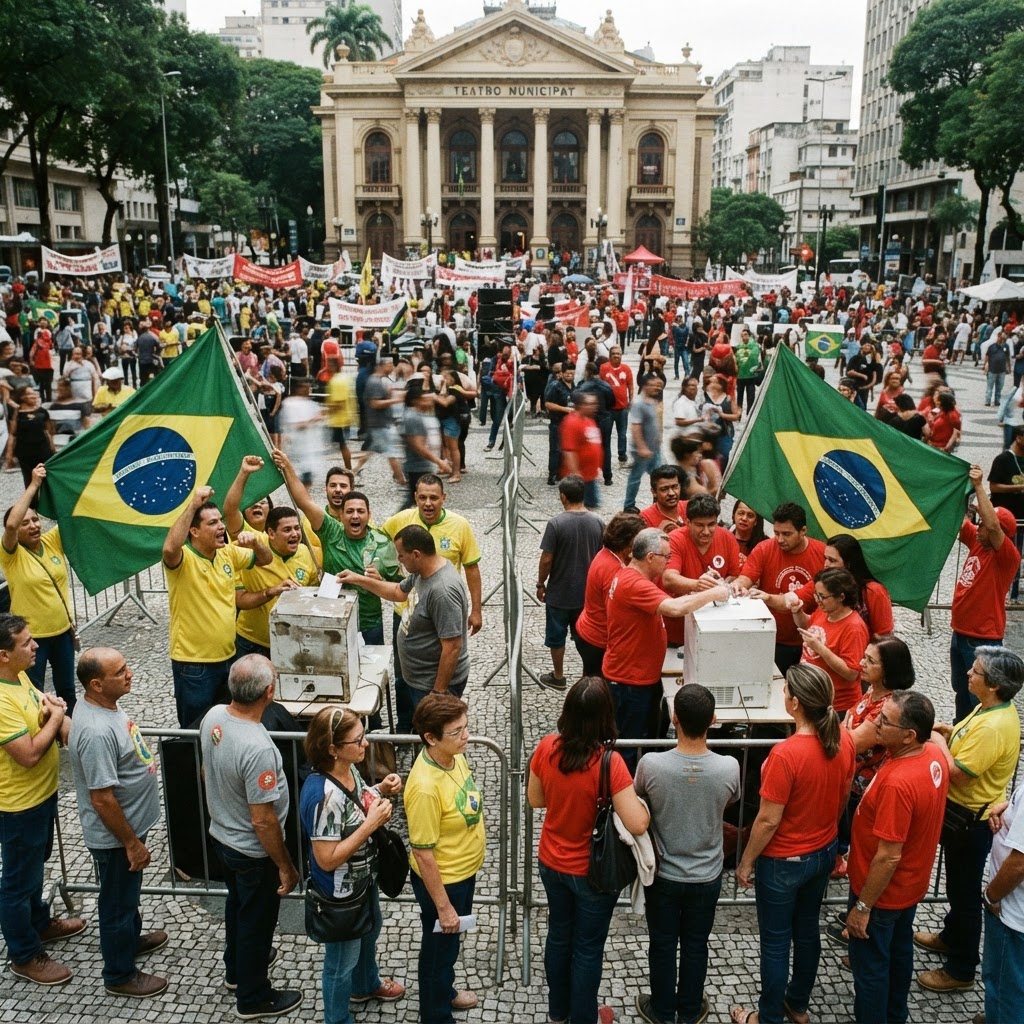 due candidati presidenziali brasiliani contrapposti, rappresentati simbolicamente da bandiere brasiliane e urne elettorali