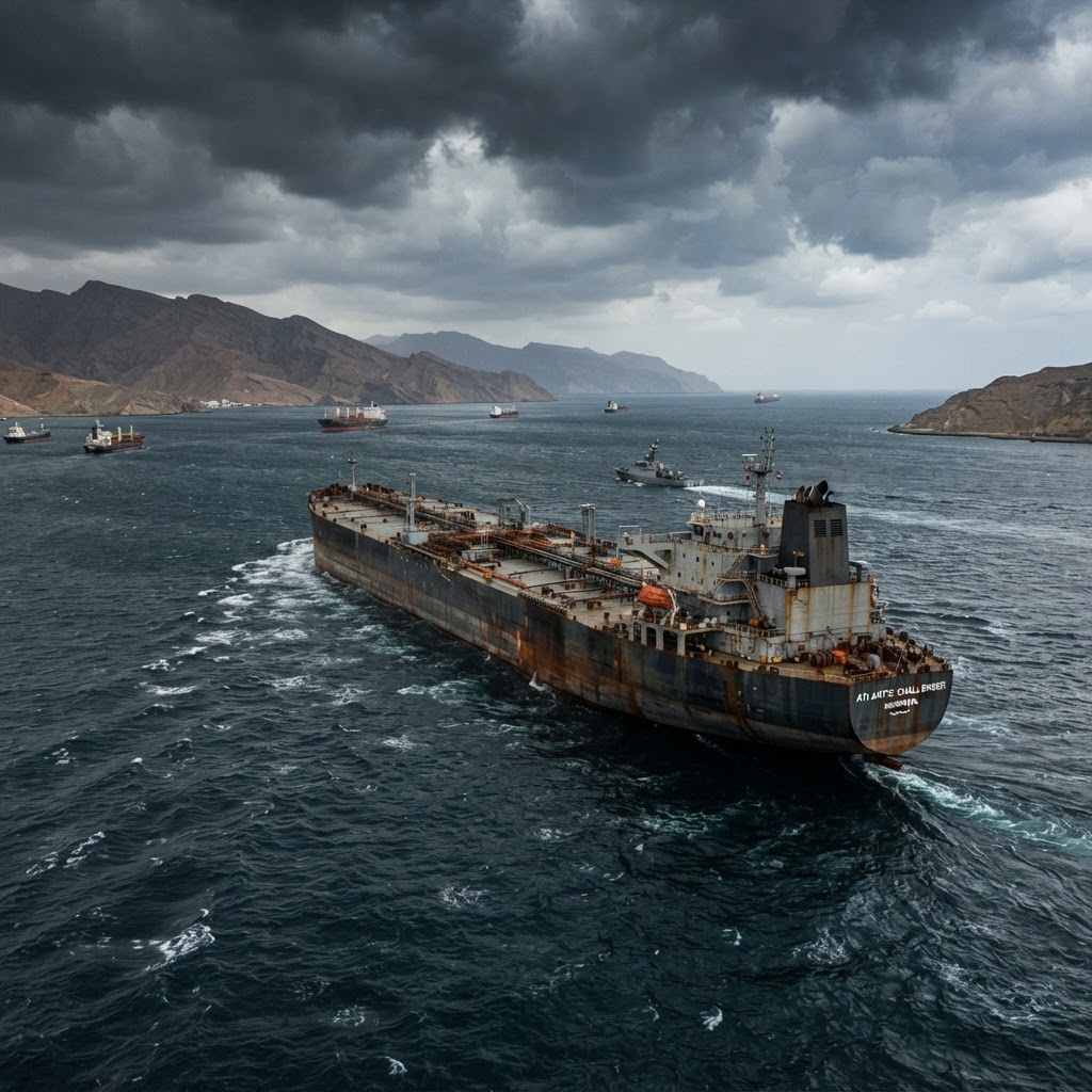 petroliera nel canale dello Stretto di Hormuz con acque tese e cielo minaccioso