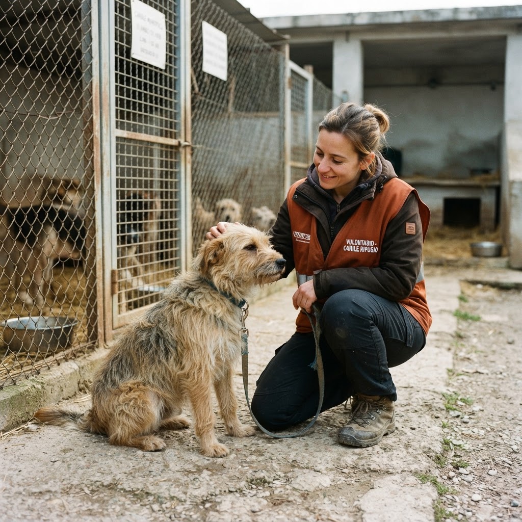 cane randagio in strada o rifugio animali con volontaria che si prende cura di lui