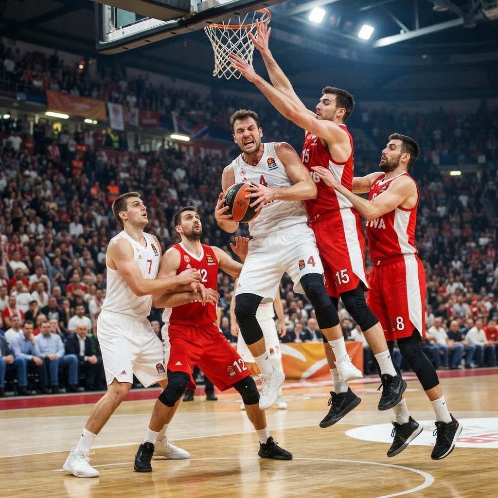 giocatori di basket in azione durante una partita di Eurolega