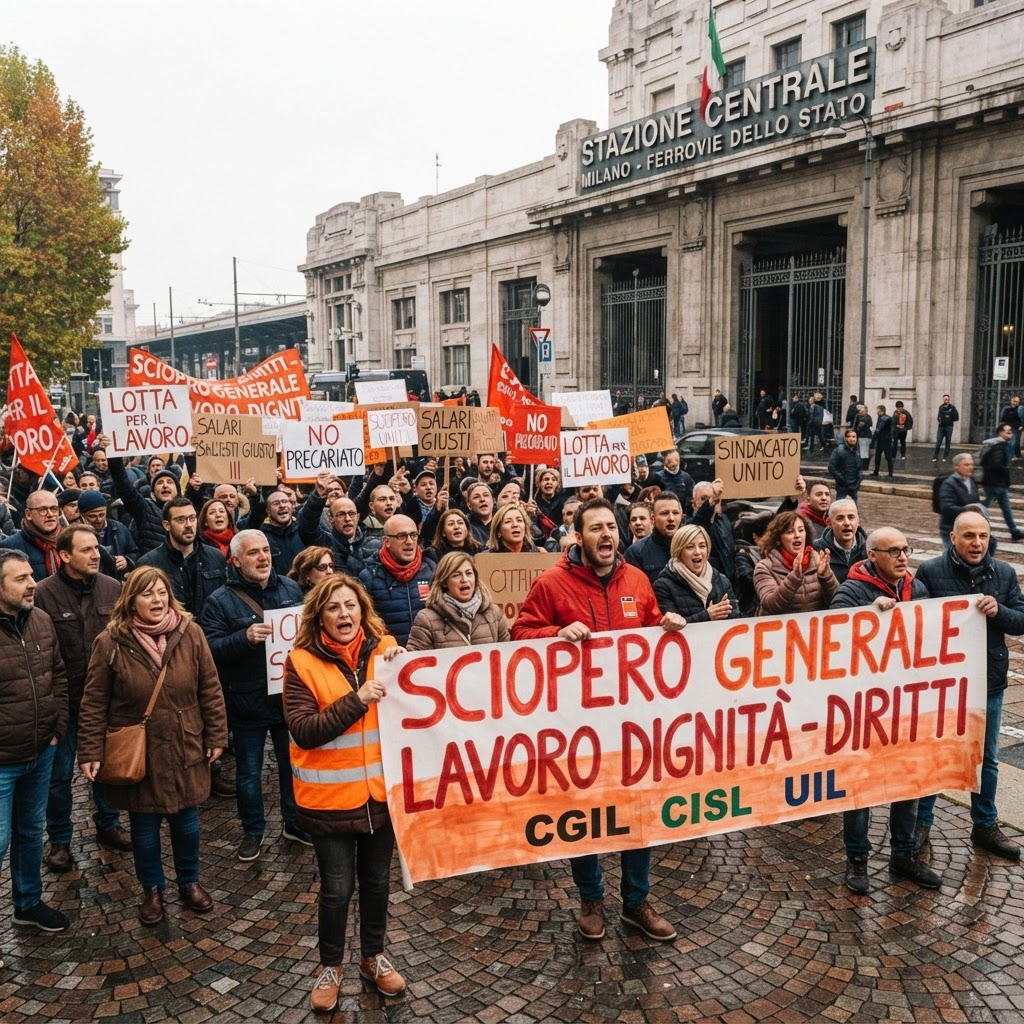 lavoratori in sciopero con striscioni e cartelli davanti a un cancello industriale o stazione