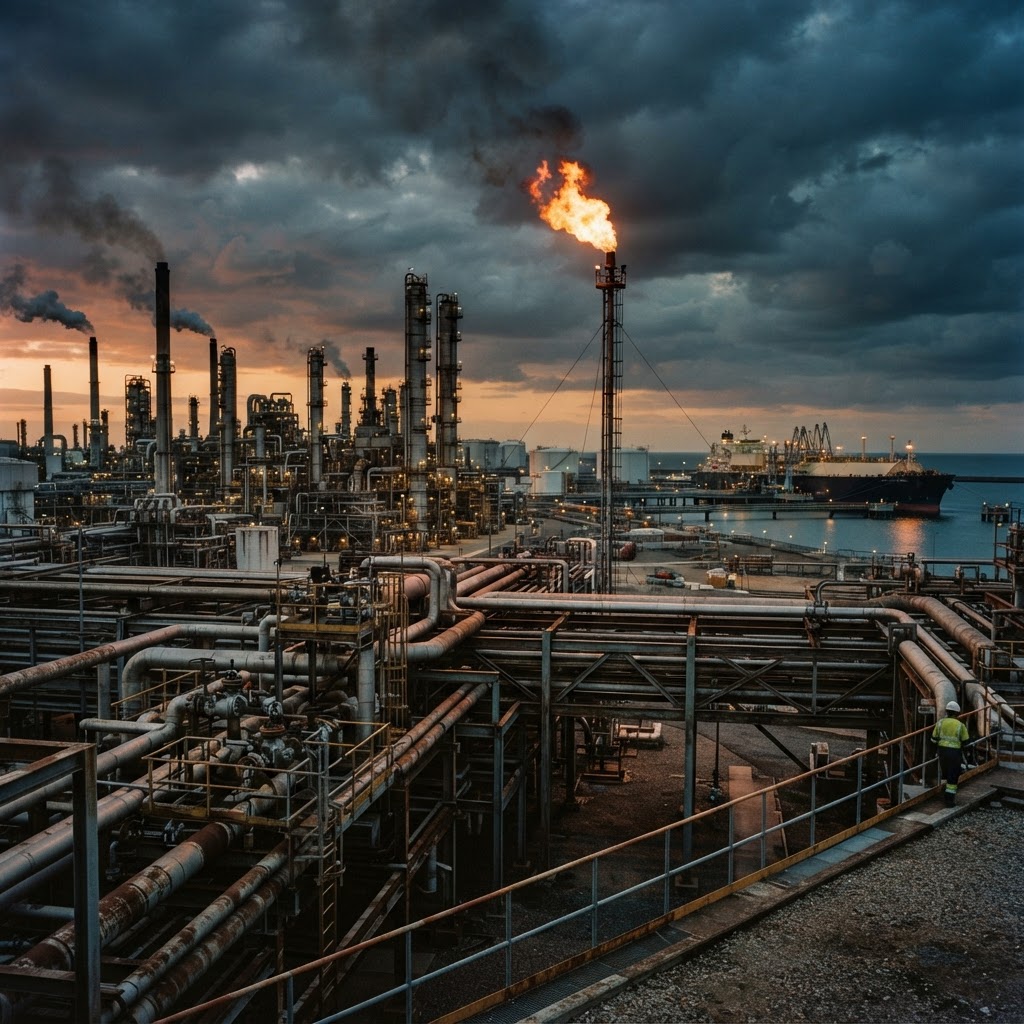 raffineria petrolifera o impianto industriale energetico con torce e infrastrutture