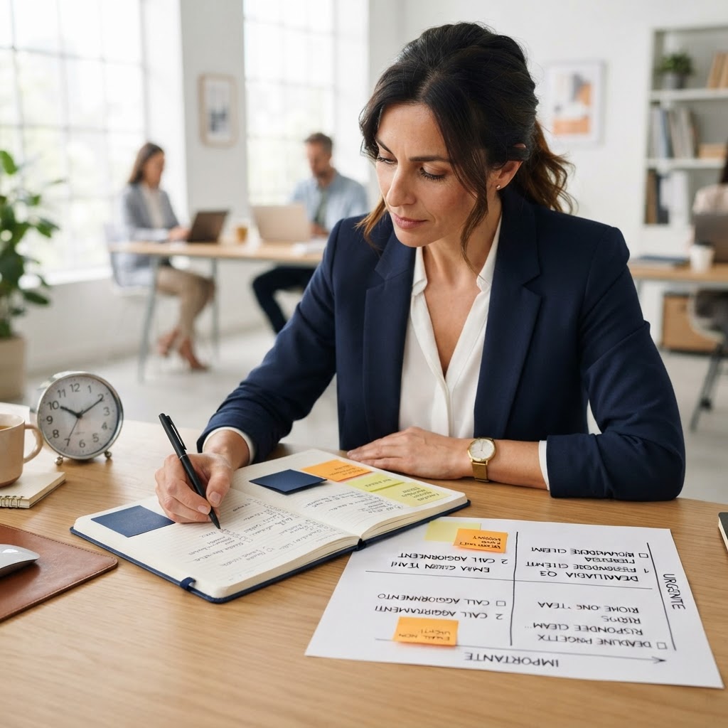 manager o professionista che pianifica le attività su una agenda cartacea con post-it colorati e una matrice di priorità scritta a mano