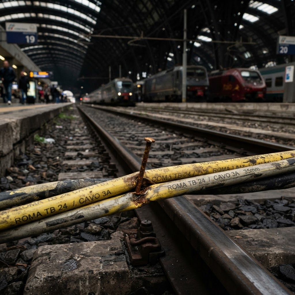 binari ferroviari con dettaglio di un piccolo chiodo arrugginito su cavo di segnalamento