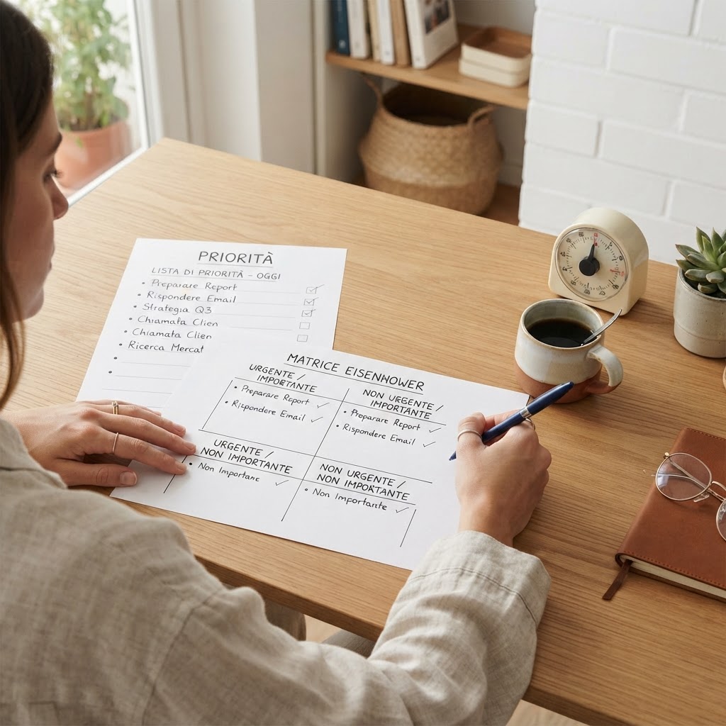 scrivania ordinata con lista cartacea delle priorità e matrice divisa in quattro quadranti disegnata a mano