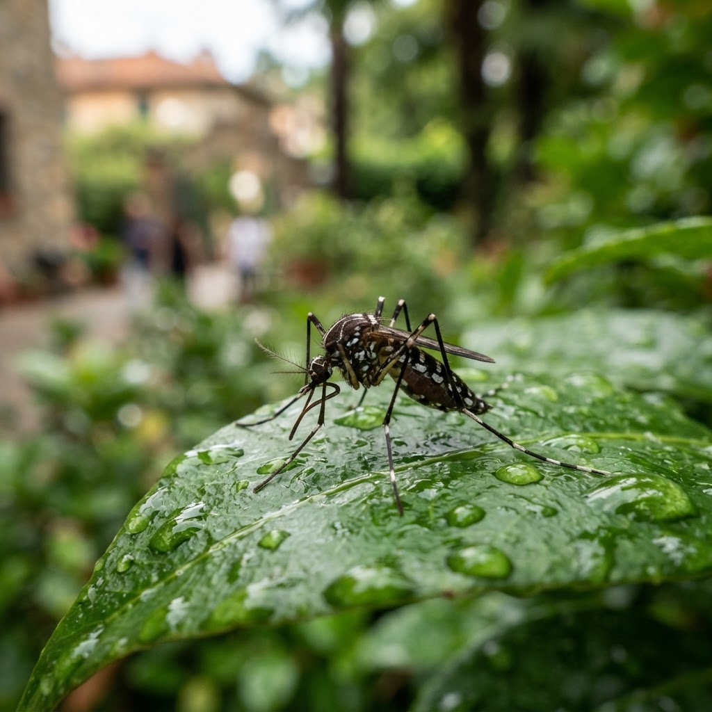 zanzara tigre su foglia con gocce d'acqua