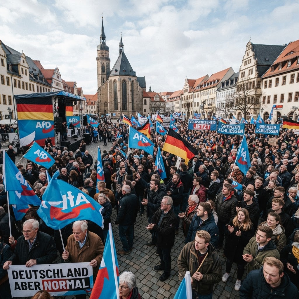 comizio o manifestazione AfD con folla e bandiere del partito in una piazza tedesca