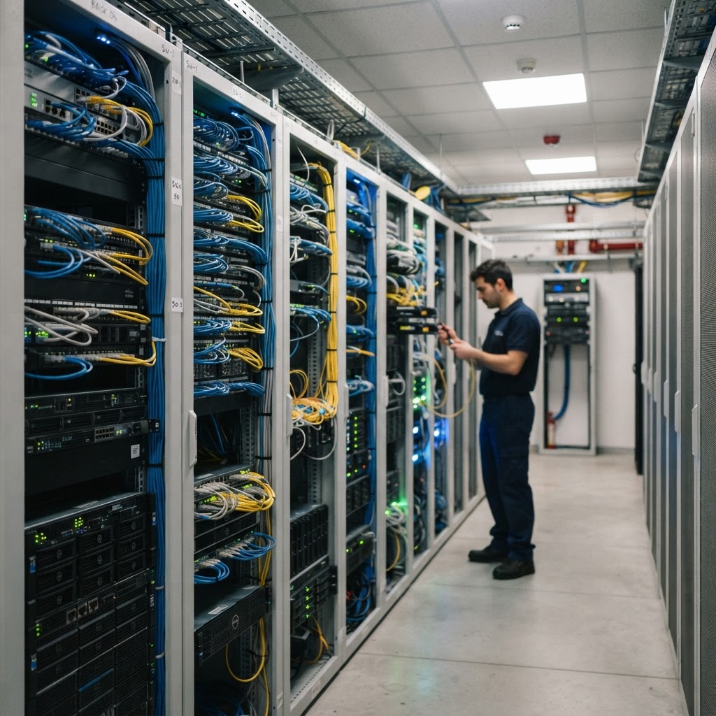 sala server con rack di infrastruttura IT e cavi in un data center aziendale