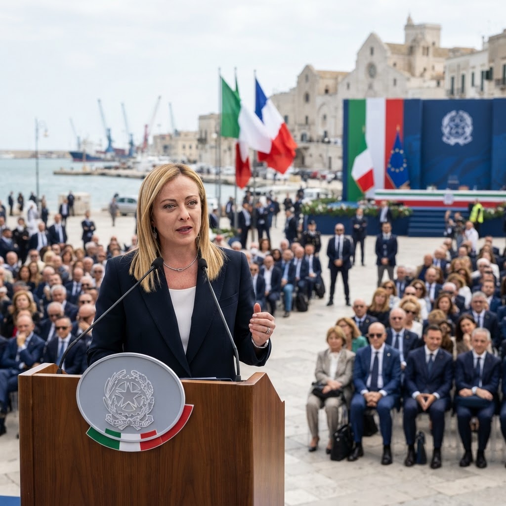 Giorgia Meloni al podio durante un evento istituzionale, con simboli della Repubblica italiana sullo sfondo