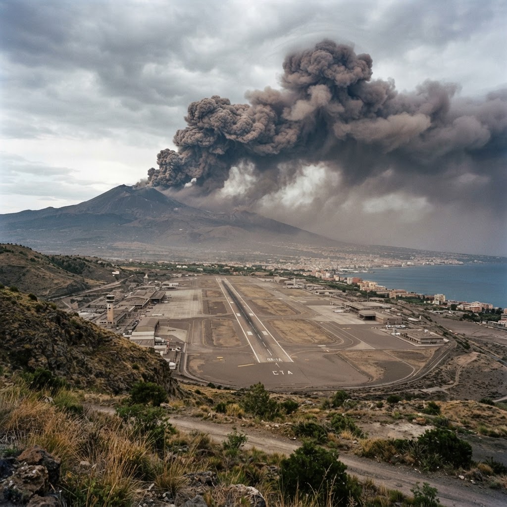 pennacchio di cenere vulcanica sopra l'Etna con l'aeroporto di Catania visibile in lontananza