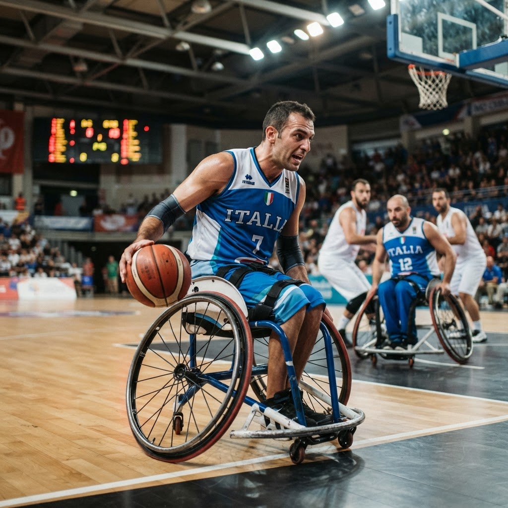 giocatore di basket in carrozzina durante una partita o un allenamento
