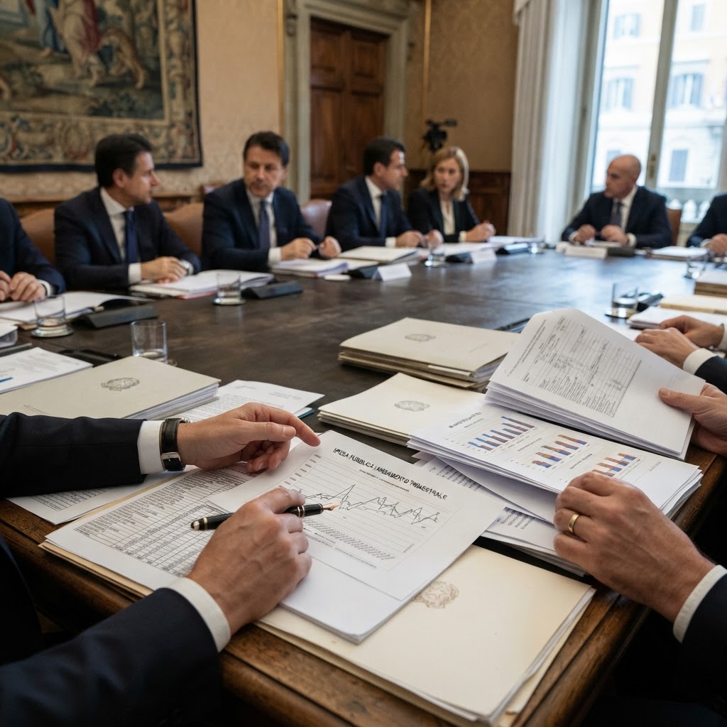 sala del Consiglio dei Ministri o tavolo istituzionale con documenti di bilancio