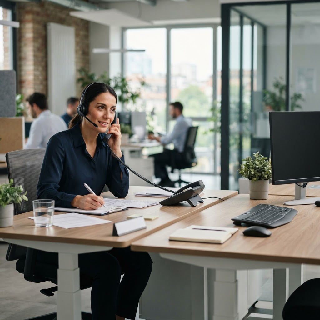 operatore di customer care al telefono con cliente, affiancato da un collega o postazione vuota che suggerisce la presenza di automazione