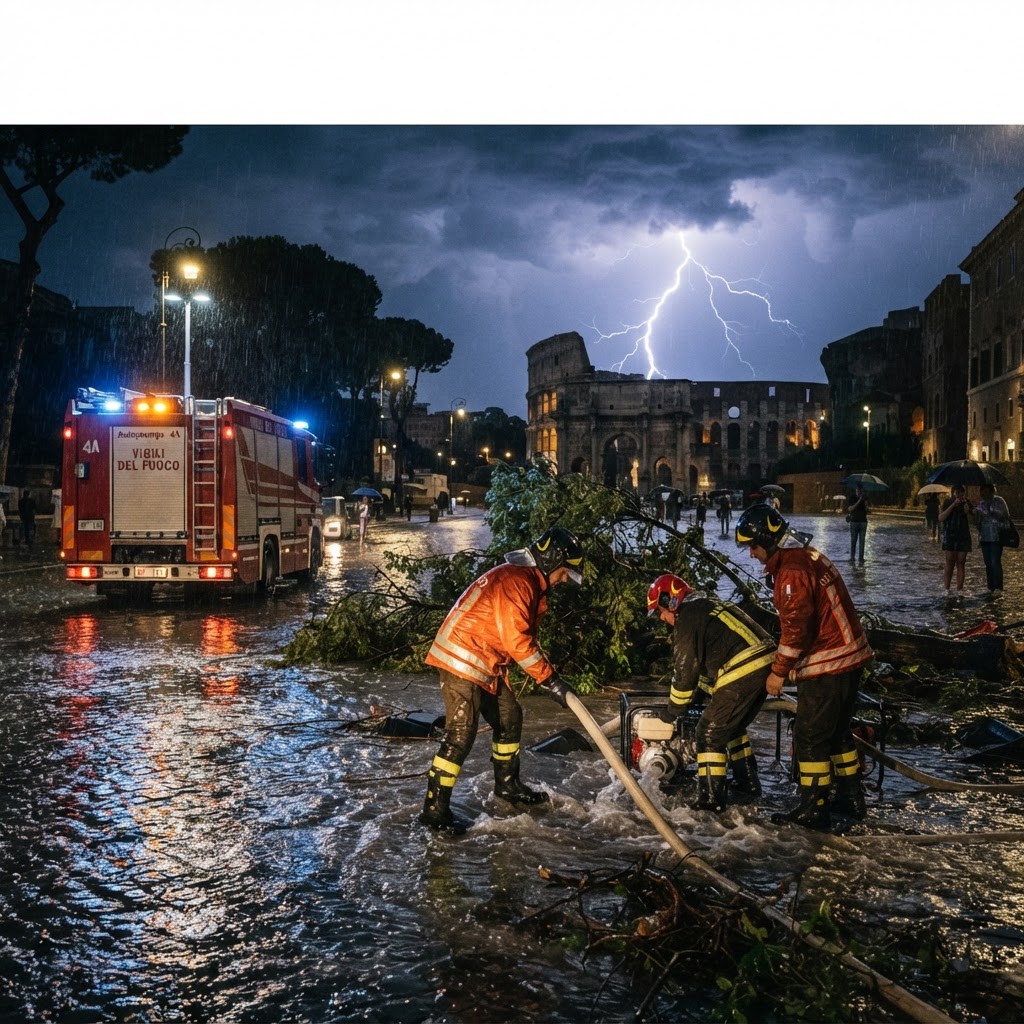 vigili del fuoco al lavoro durante un nubifragio notturno a Roma