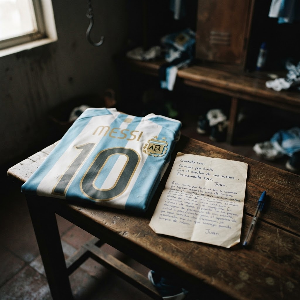 maglia dell'Argentina con il numero 10 di Messi appoggiata su una superficie, accanto a una lettera scritta a mano