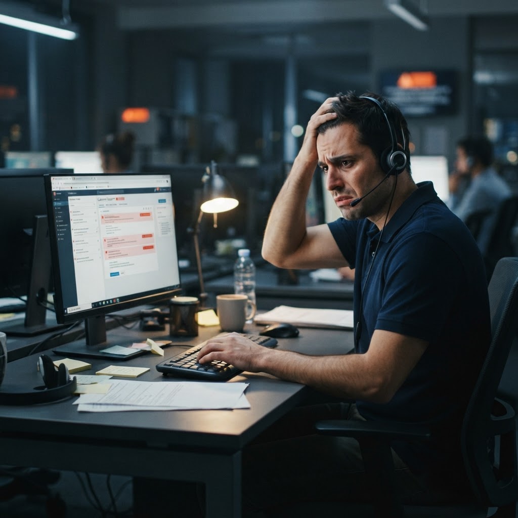 operatore di customer care frustrato davanti a uno schermo con espressione preoccupata, simbolo del cliente che riceve una risposta errata da un sistema automatico