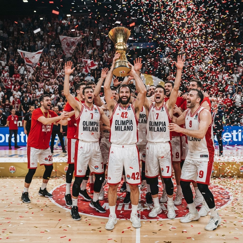 giocatori di basket dell'Olimpia Milano che esultano con trofeo in mano
