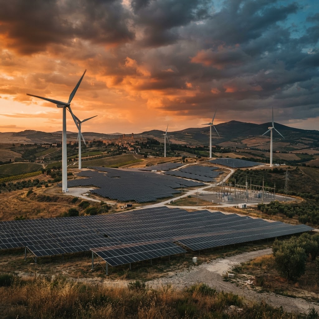 impianto di pannelli solari e turbine eoliche in un paesaggio italiano