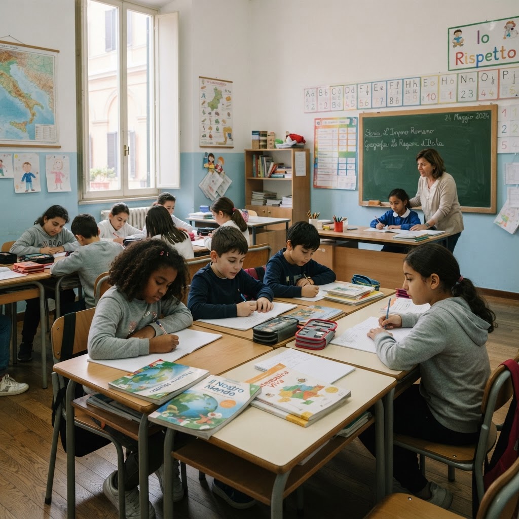 aula scolastica con bambini di diverse origini etniche seduti ai banchi