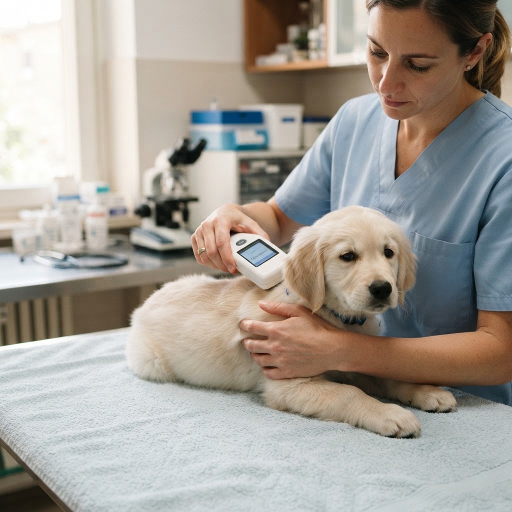 cucciolo di cane o gatto con microchip scanner veterinario