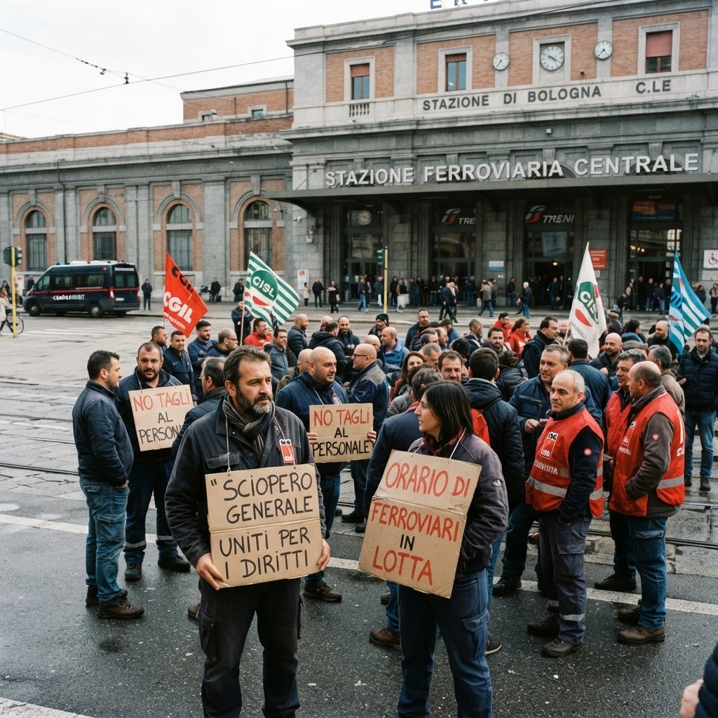 lavoratori fermi davanti a una stazione ferroviaria durante uno sciopero