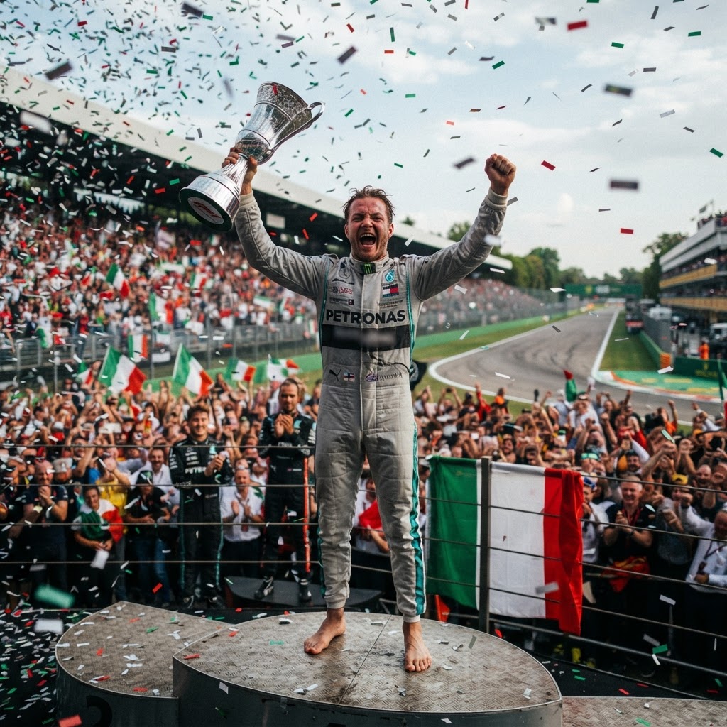 pilota di Formula 1 in tuta da gara che esulta sul podio